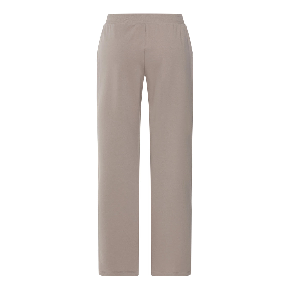 A pair of straight-leg trousers in a solid taupe-beige color, shown from the back on a clean white background.