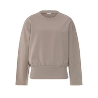 A taupe crewneck sweatshirt with long sleeves and a gathered elastic waist, shown against a plain white background.