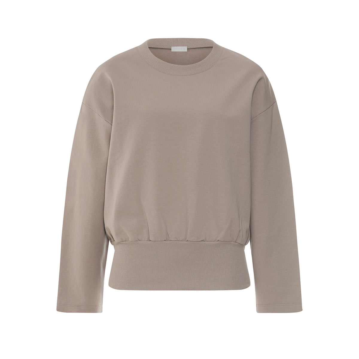 A taupe crewneck sweatshirt with long sleeves and a gathered elastic waist, shown against a plain white background.