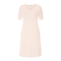A light peach-pink short-sleeve V-neck dress, shown flat against a solid white background.