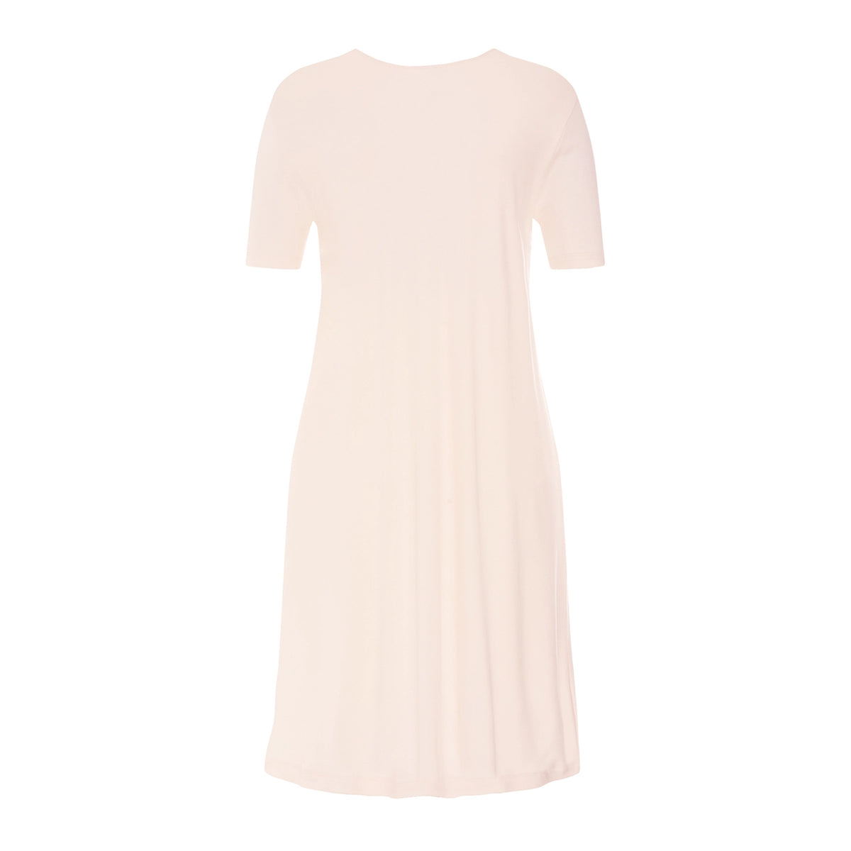 A short-sleeve, crew-neck dress in a very pale blush pink or nude color, shown against a plain white background.