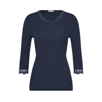 A navy blue long-sleeve knit top with delicate lace trim at the v-neck and cuffs, displayed on a clean white background.