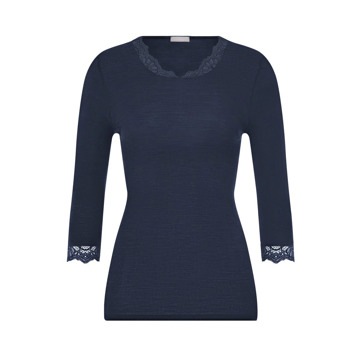 A navy blue long-sleeve knit top with delicate lace trim at the v-neck and cuffs, displayed on a clean white background.