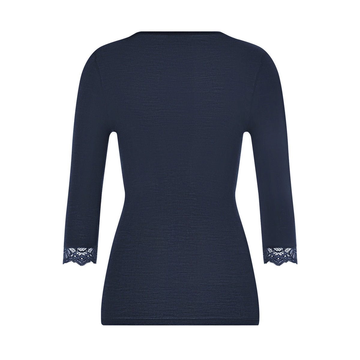 A navy blue long-sleeve top with a textured knit pattern and delicate lace trim at the cuffs, shown from the back on a white background.