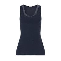 A sleeveless navy blue ribbed knit tank top with a gray lace-trimmed scoop neckline, displayed on a clean white background.