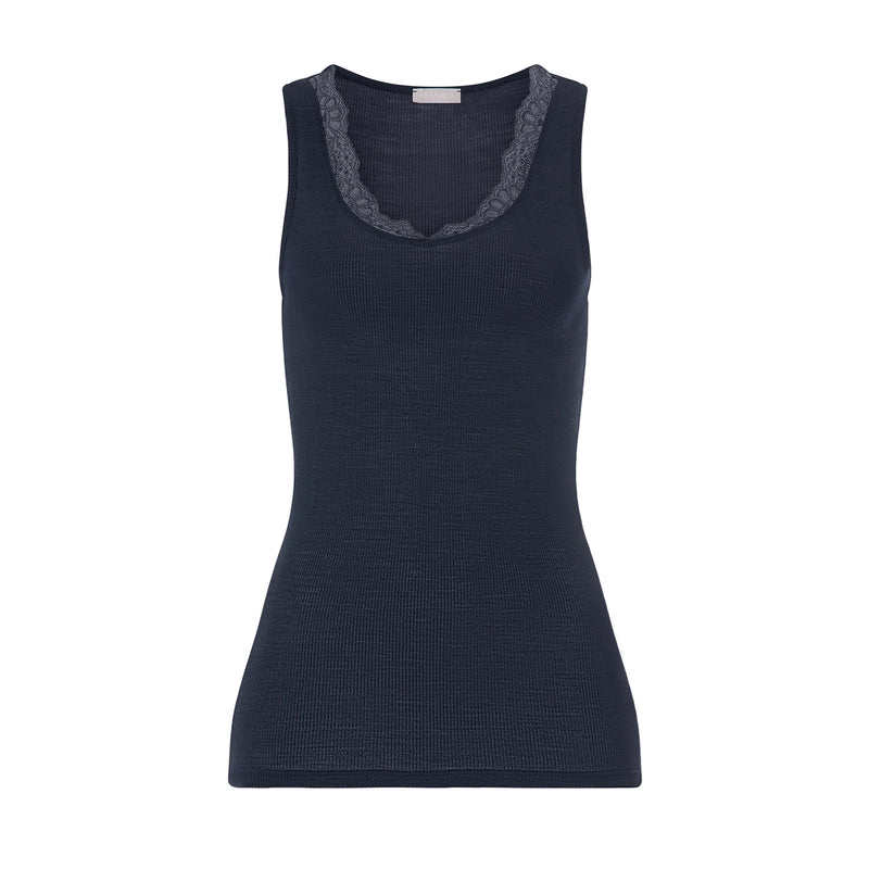 A sleeveless navy blue ribbed knit tank top with a gray lace-trimmed scoop neckline, displayed on a clean white background.