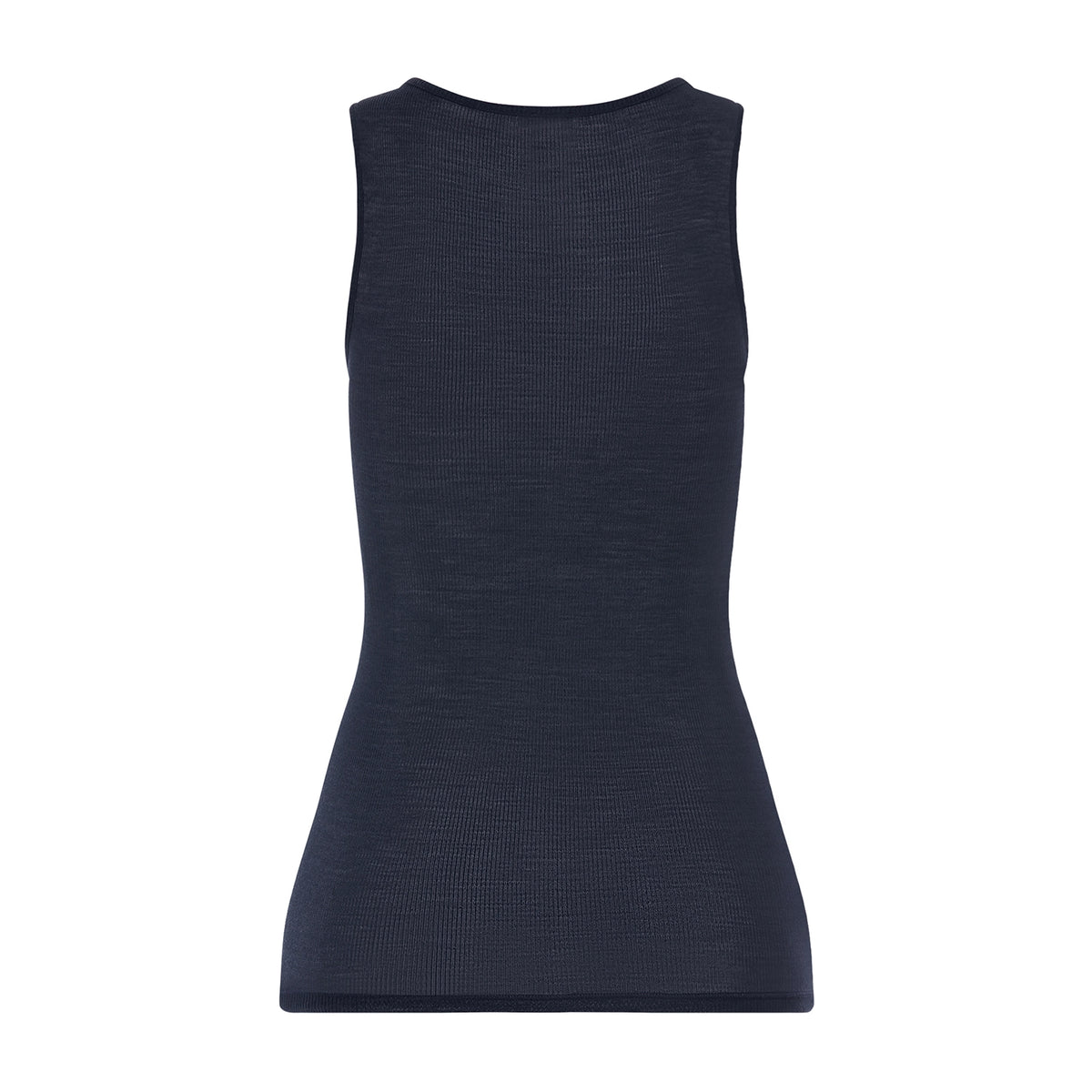 A sleeveless ribbed knit tank top in dark navy blue, shown from the back on a plain white background.