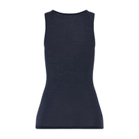 A sleeveless ribbed knit tank top in dark navy blue, shown from the back on a plain white background.