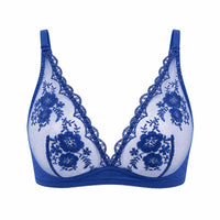 blue lace bra with floral patterns on a white background