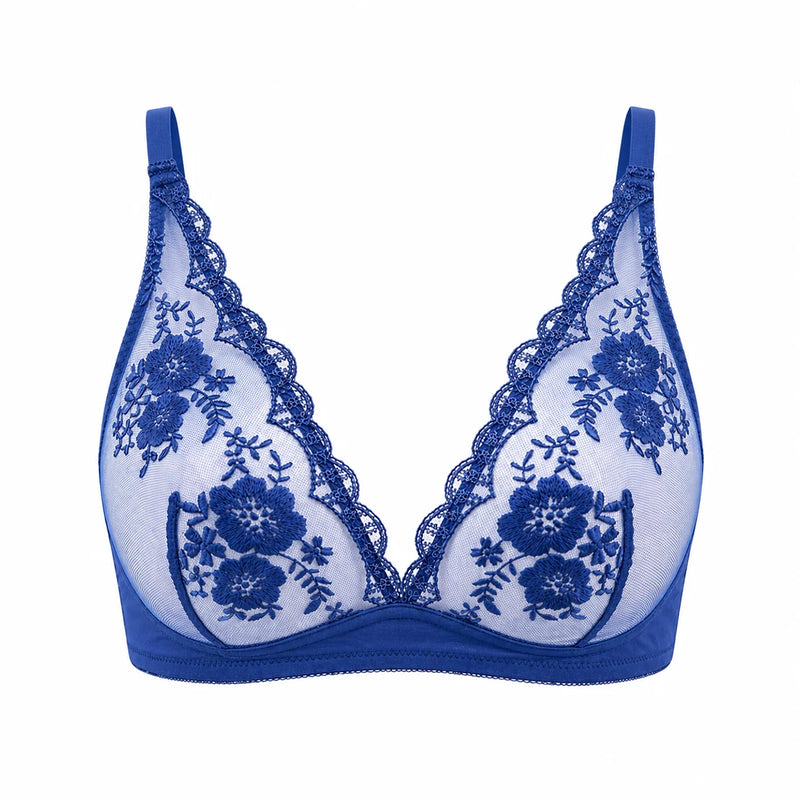 blue lace bra with floral patterns on a white background