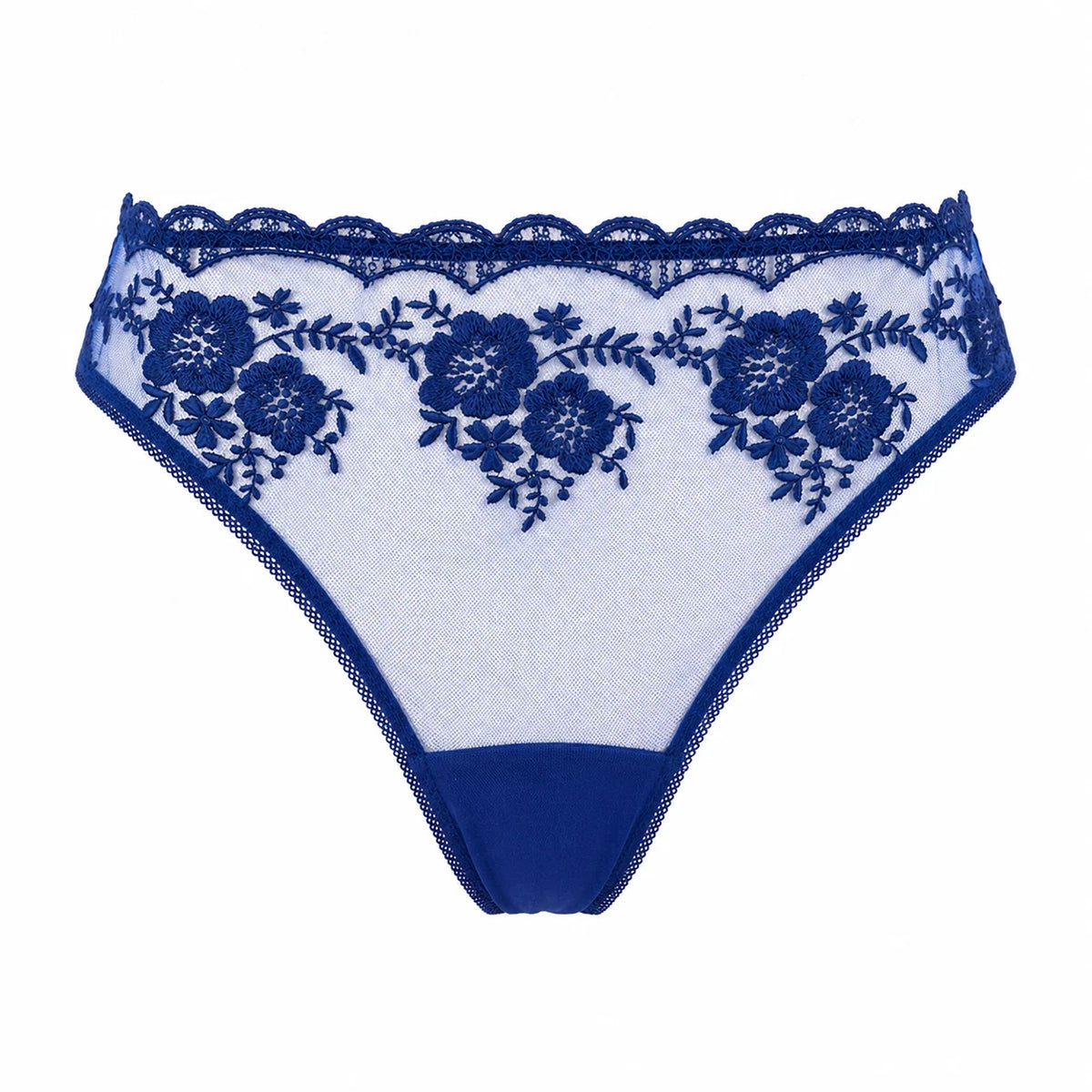 white underwear with blue floral lace trim on a white background