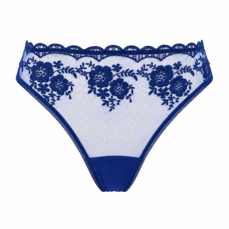 white underwear with blue floral lace trim on a white background