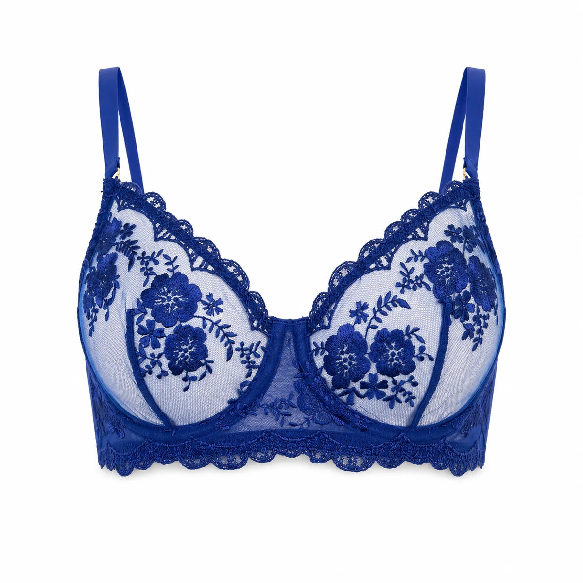 blue lace bra with floral patterns on a white background