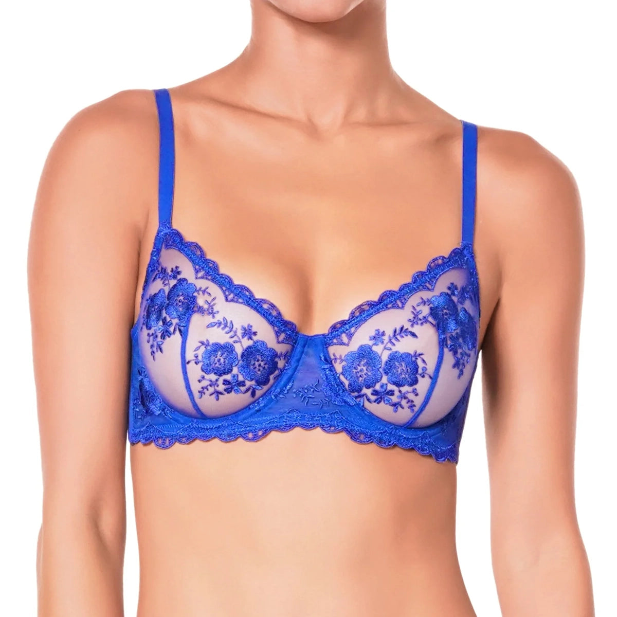 blue lace bra on a white background