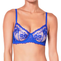 blue lace bra on a white background