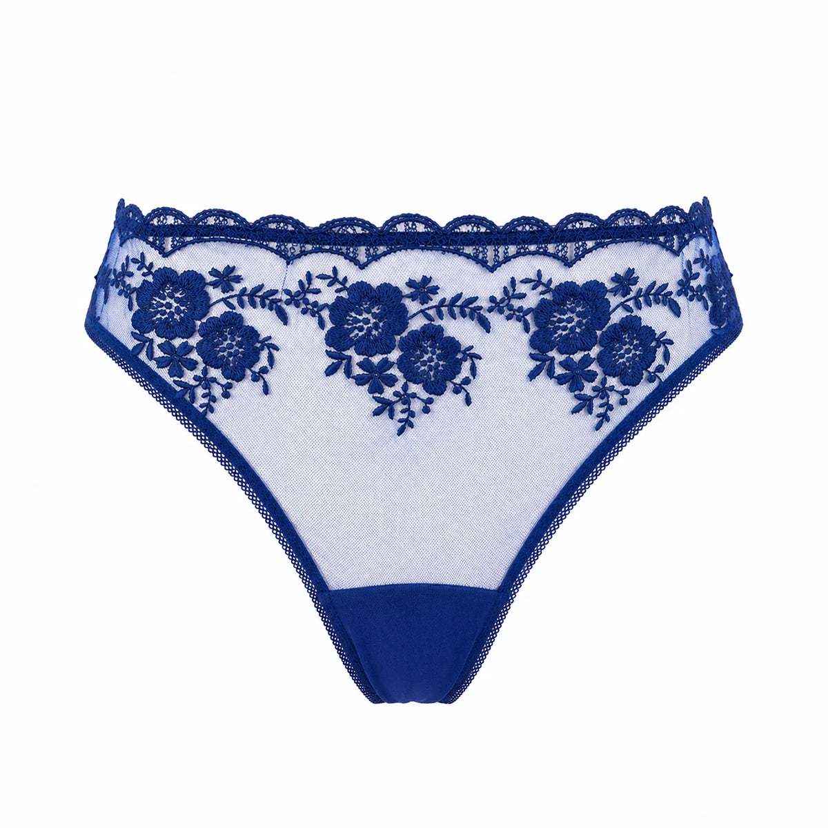 white lace underwear with blue floral embroidery on a white background