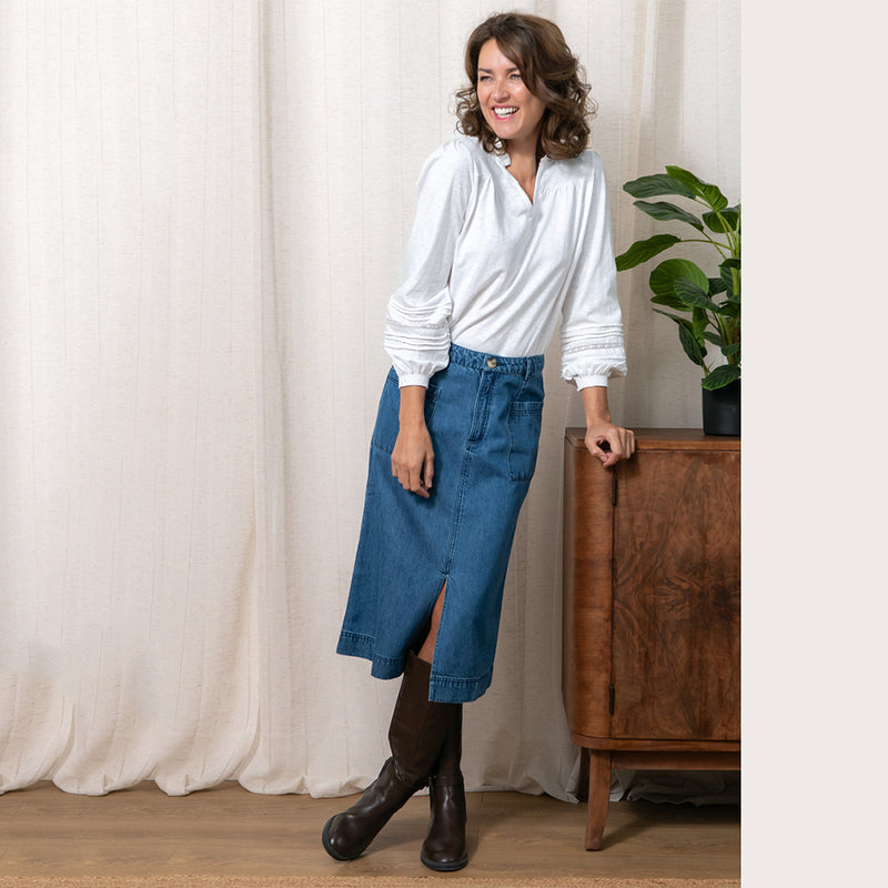 denim midi skirt
