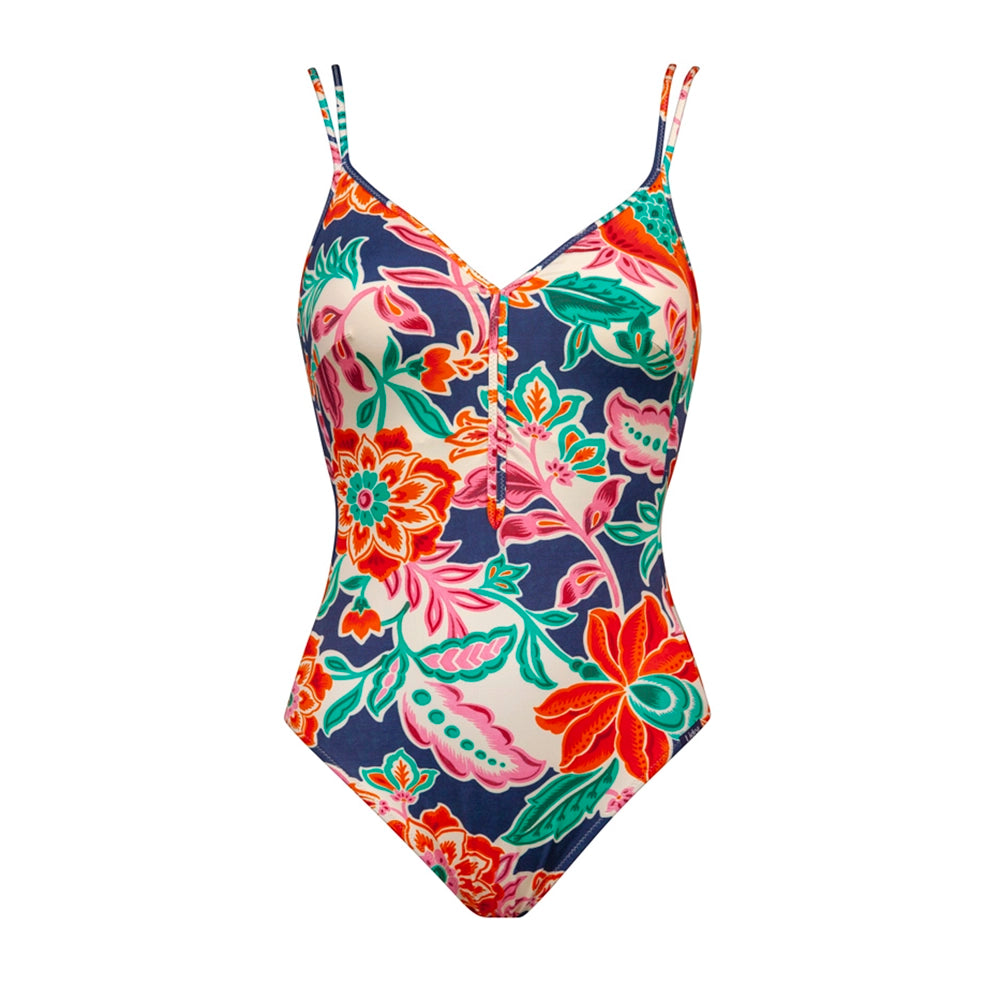 colourful floral one-piece swimsuit on a white background