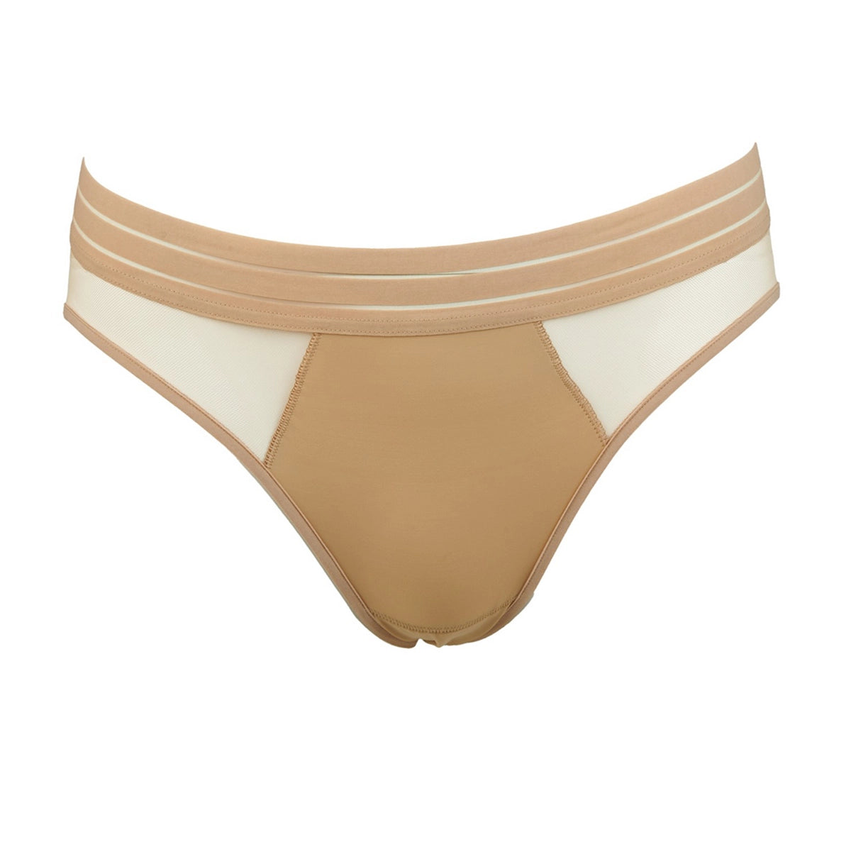 beige bikini bottom with white accents on a white background