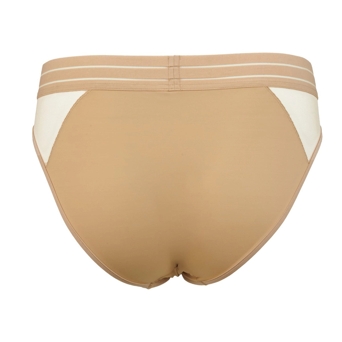 beige brief back with white accents on a white background