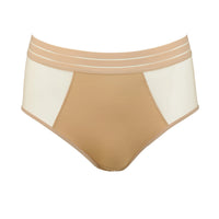 beige and white high-waisted bikini bottom on a white background