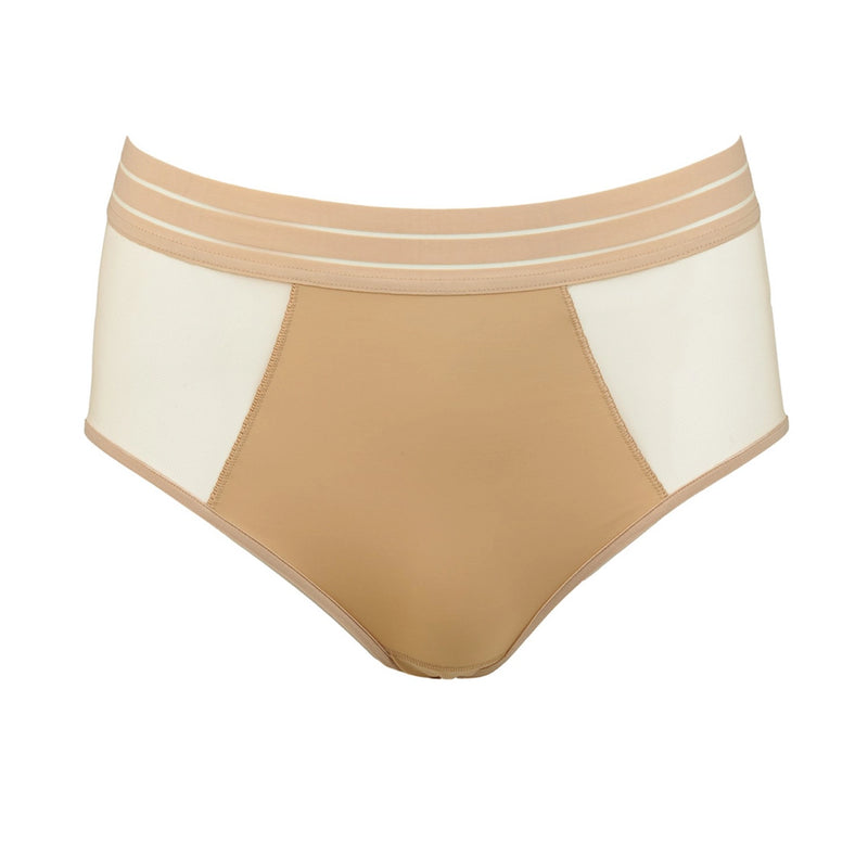 beige and white high-waisted bikini bottom on a white background