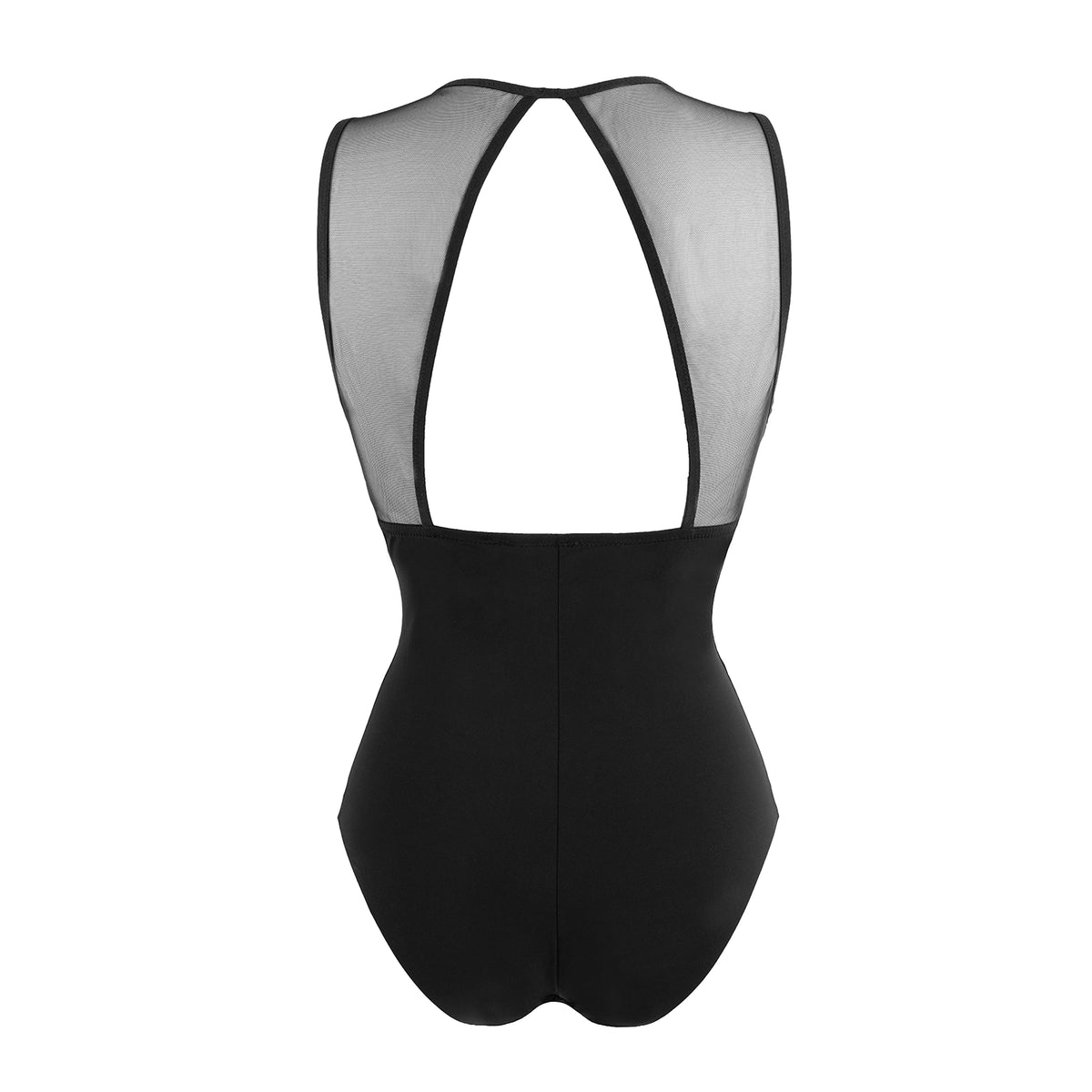 Black bodysuit shown from the back, featuring a sheer mesh back panel with black trim and a solid black lower body, set against a plain white background.