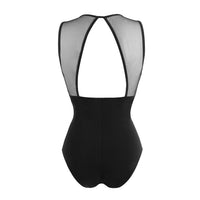 Black bodysuit shown from the back, featuring a sheer mesh back panel with black trim and a solid black lower body, set against a plain white background.