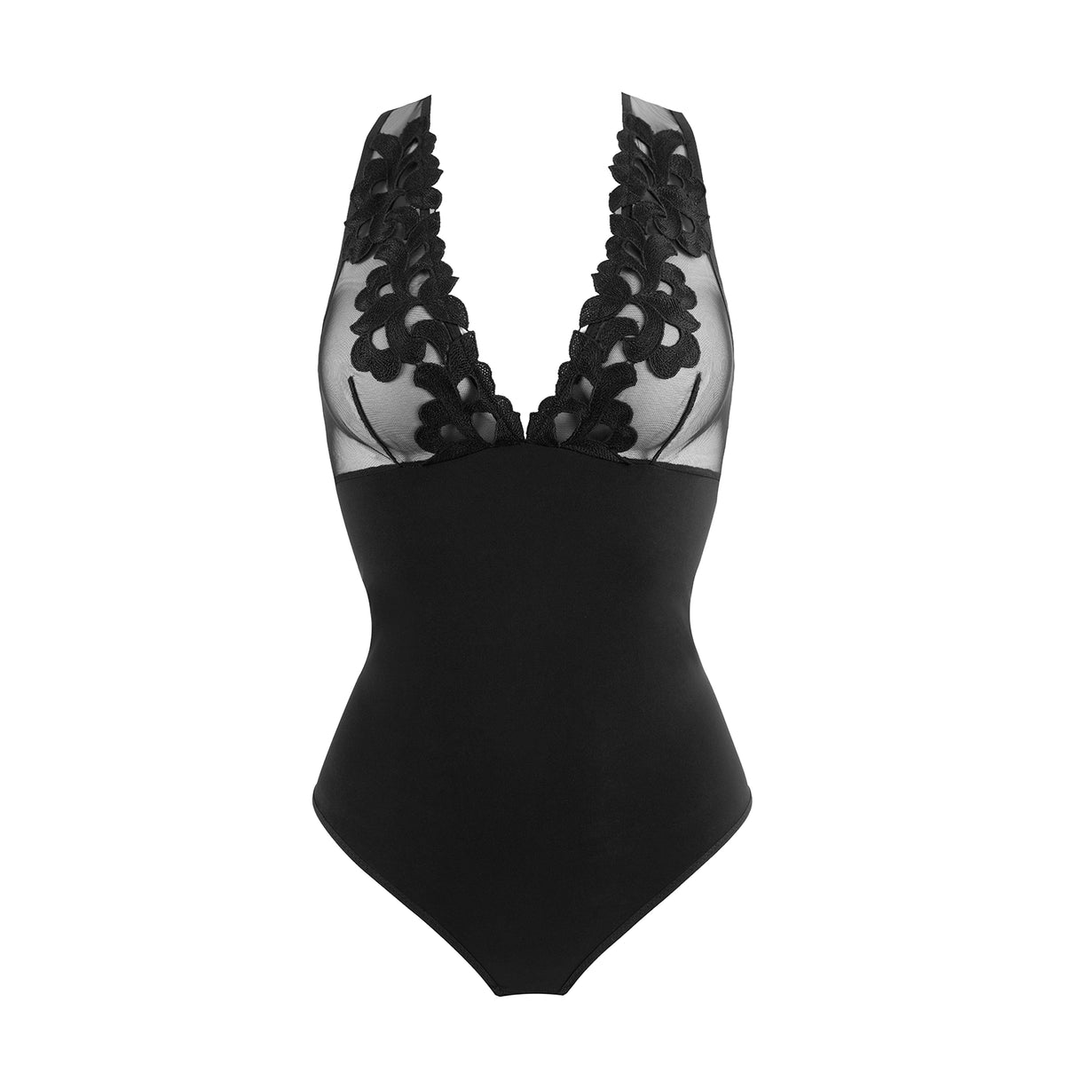 A black one-piece bodysuit with sheer mesh halter-style shoulder panels and black floral lace applique across the neckline, shown on a plain white background.