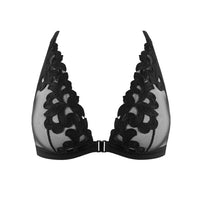 Black sheer mesh triangle bralette with intricate floral lace applique and a center clasp, shown against a plain white background.