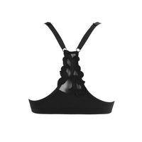 Black lace-up bralette with adjustable shoulder straps and a decorative lace-up back panel, shown against a plain white background.
