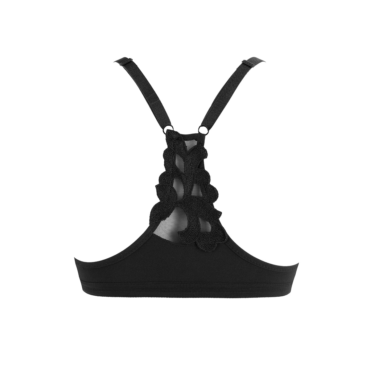 Black lace-up bralette with adjustable shoulder straps and a decorative lace-up back panel, shown against a plain white background.