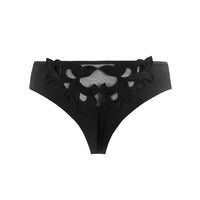 Black lace cutout bikini bottom with a sheer mesh center panel and ornate floral lace applique, shown flat on a white background.