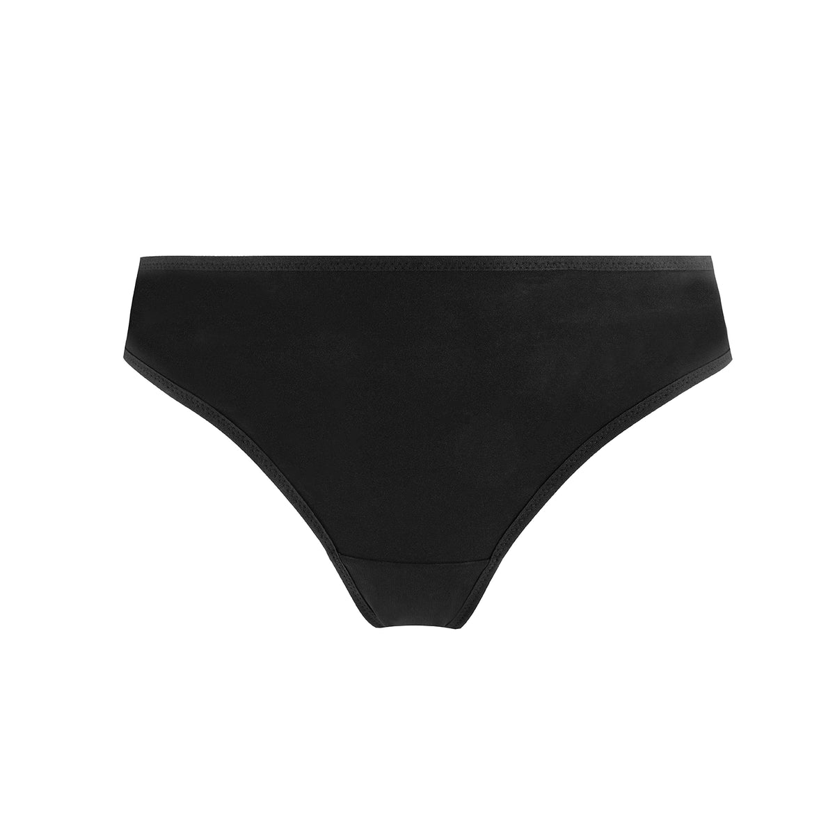 Black low-rise bikini bottom with a wide waistband, shown flat against a solid white background.