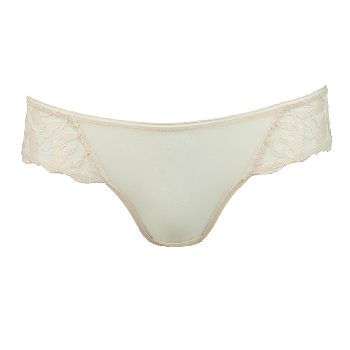 beige lace thong on a white background
