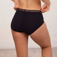 person wearing black high-waisted underwear with lace trim on a neutral background