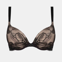 black lace bra on a light gray background