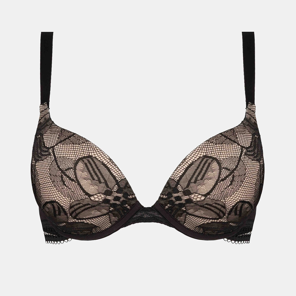 black lace bra on a light gray background