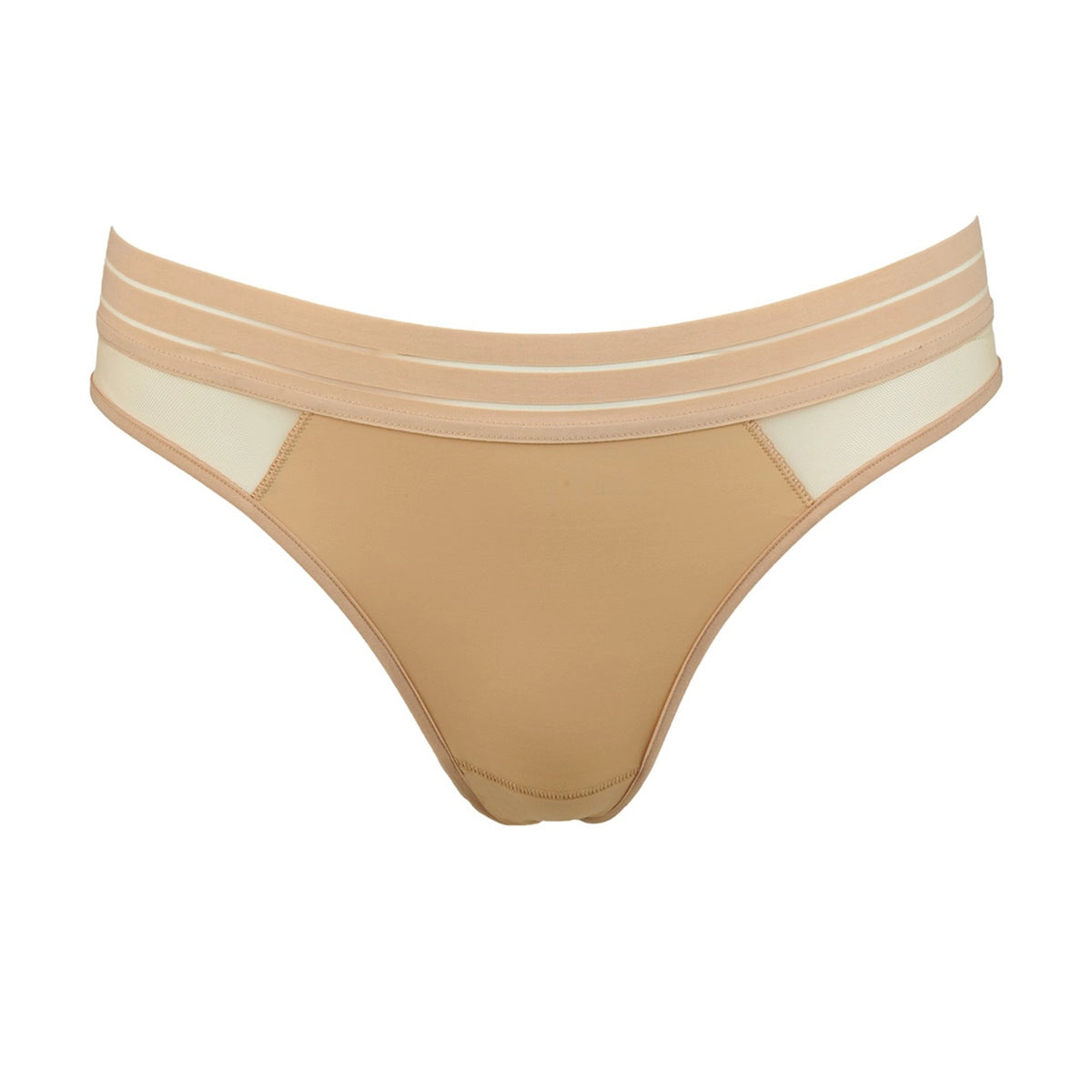 beige thong front with white stripes on a white background
