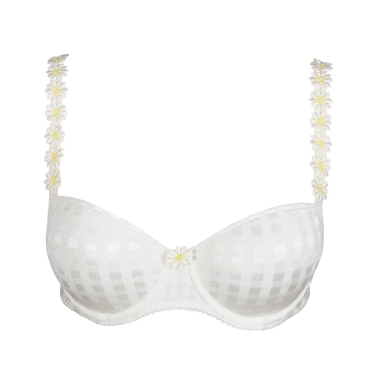 white bra with floral straps on a white background