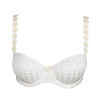 white bra with floral straps on a white background