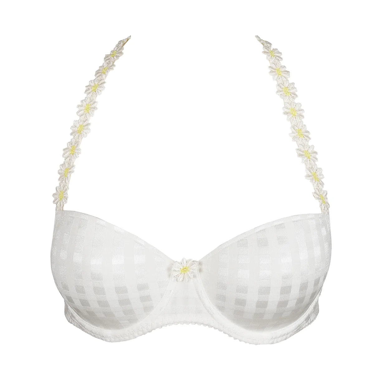 white bra with floral straps on a white background