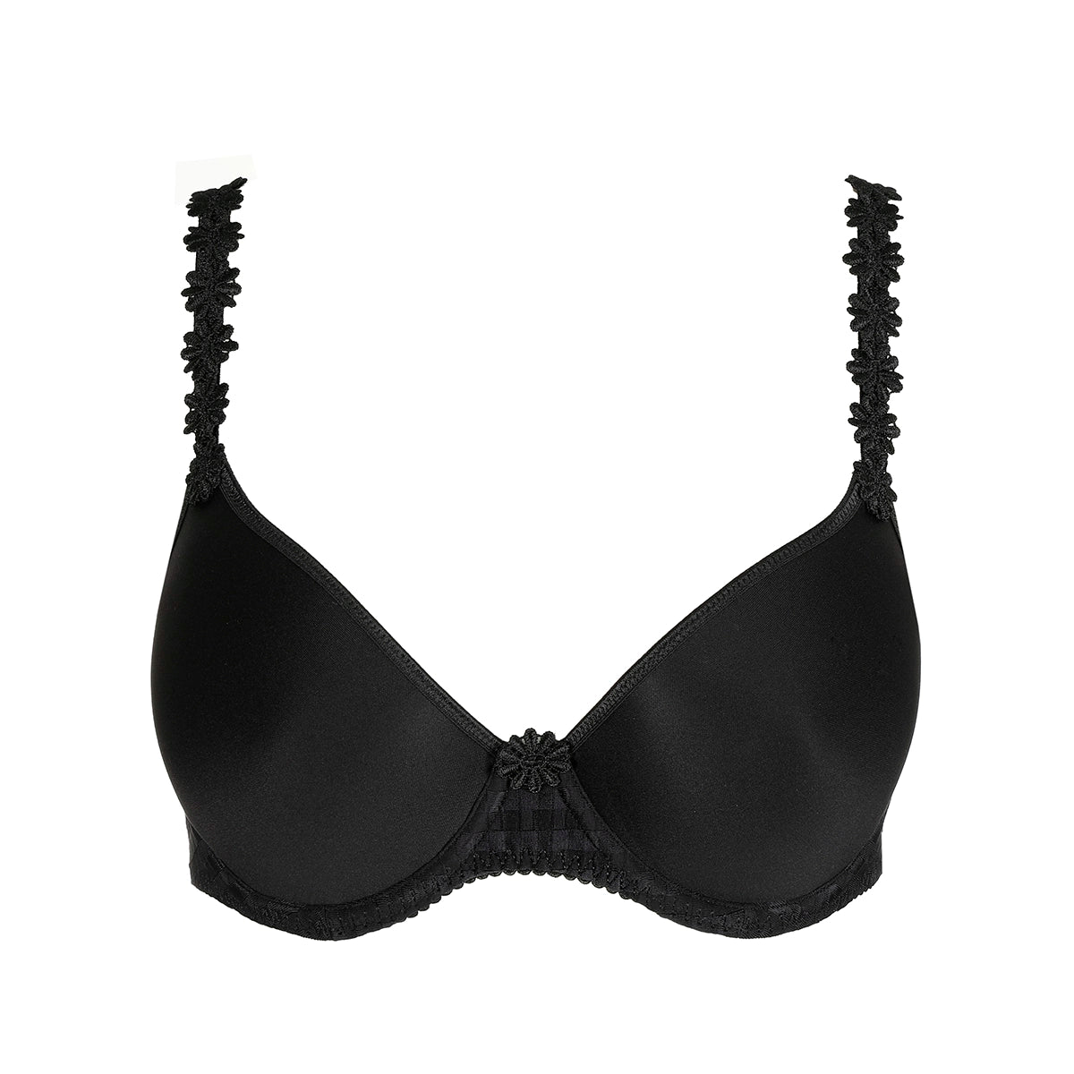 black bra with floral lace details on a white background