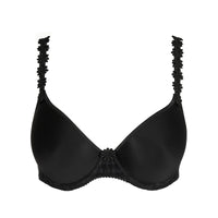 black bra with floral lace details on a white background