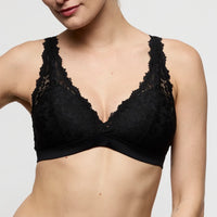 black lace bra on a plain background