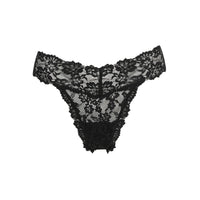 black lace thong on a white background