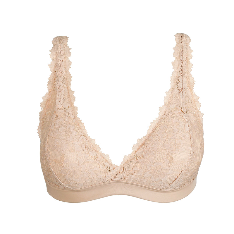 nude lace bralette on white background