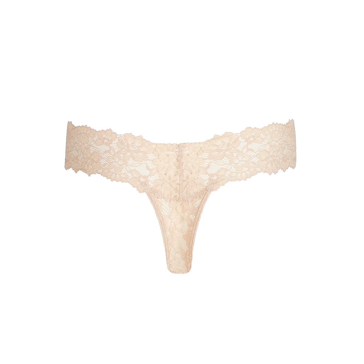 beige lace thong on a white background