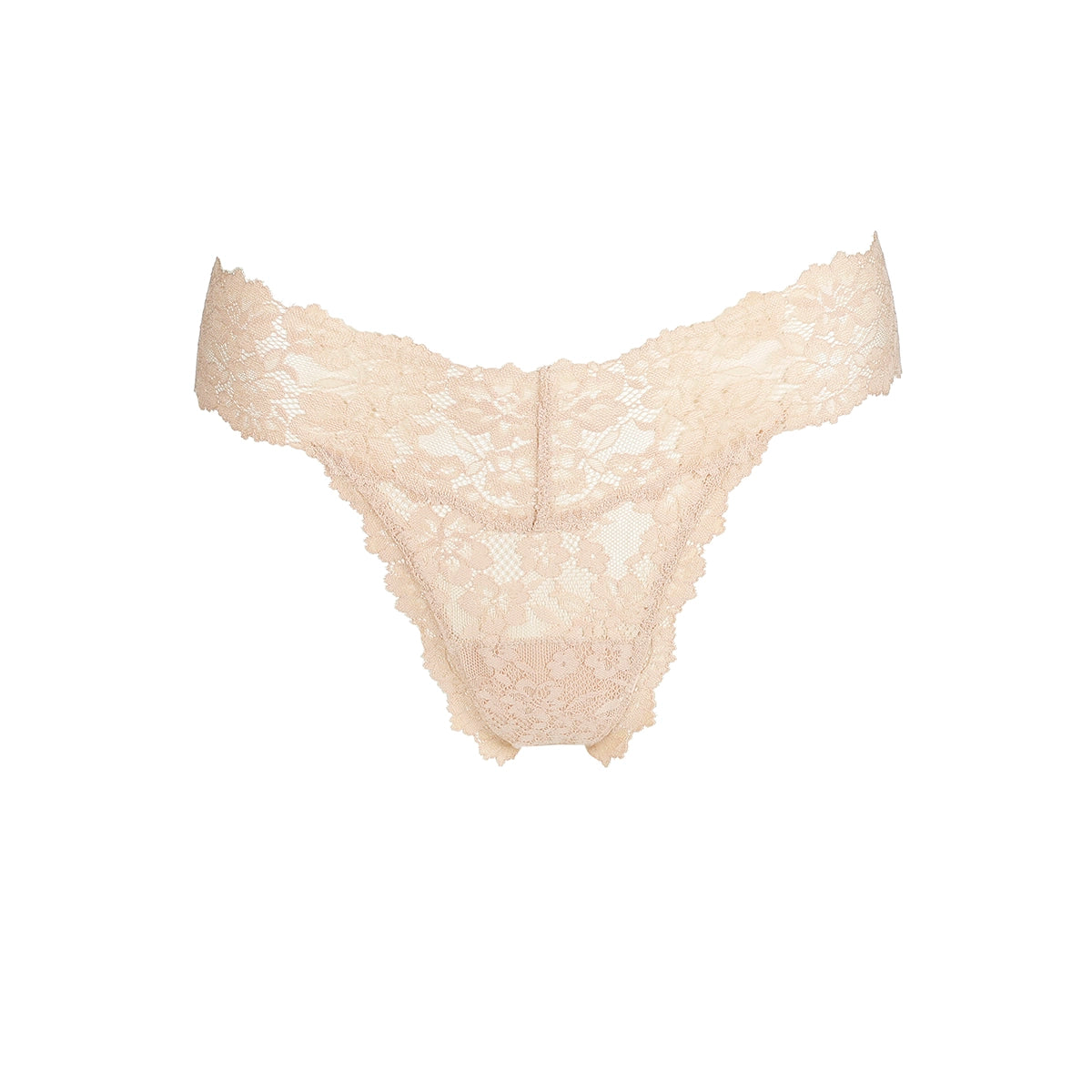 beige lace thong on a white background