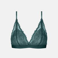 A dark teal lace triangle bralette with scalloped edges and thin shoulder straps, shown against a light gray background.